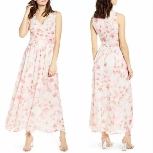 Leith Ruched Waist Chiffon Maxi Dress Floral Size S Womens