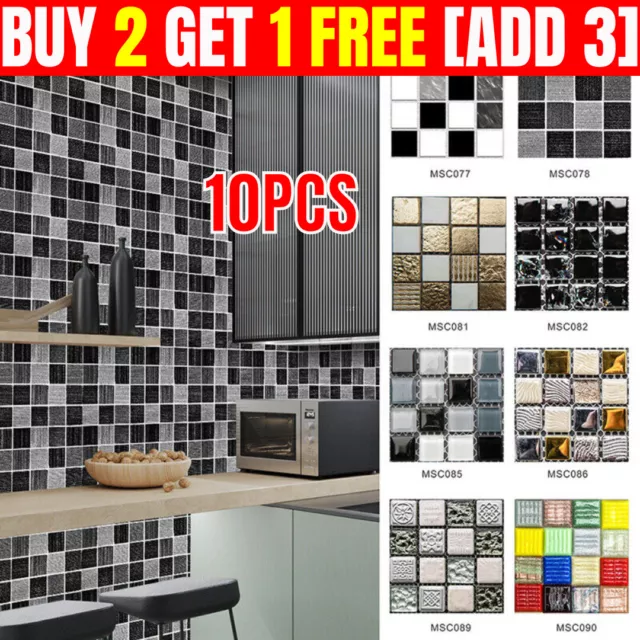 Tile Stickers Self-adhesive Mosaic Stick on Kitchen Bathroom Decor Wall Decal