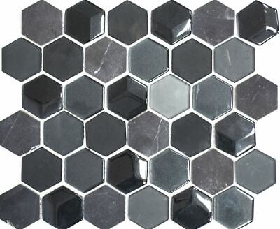 Mosaico de vidrio piedra natural hexagonal 3D negro 6mm baño WC 11D-33 | 10 placas de mosaico