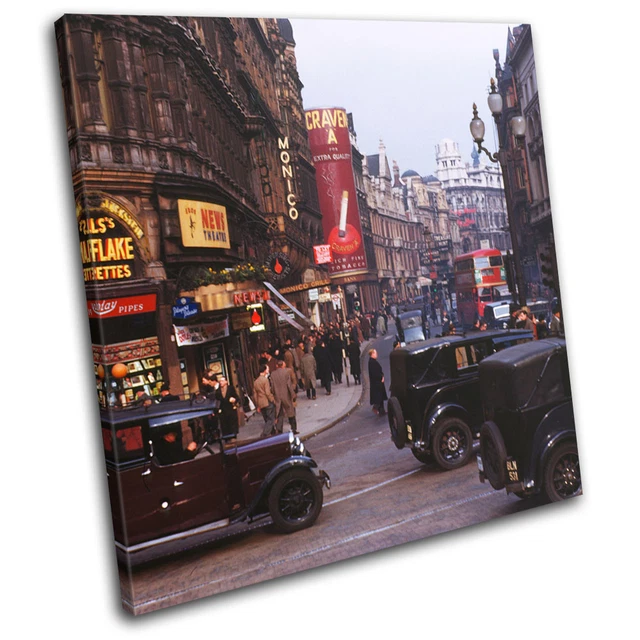 LONDON VINTAGE PHOTO Cars Red Bus City SINGLE CANVAS WALL ART Picture