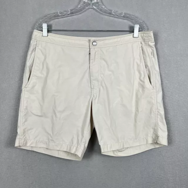 Onia Mens Calder Swim Shorts Size 36 Ivory Brief Lined Drawstring 7.5” Inseam