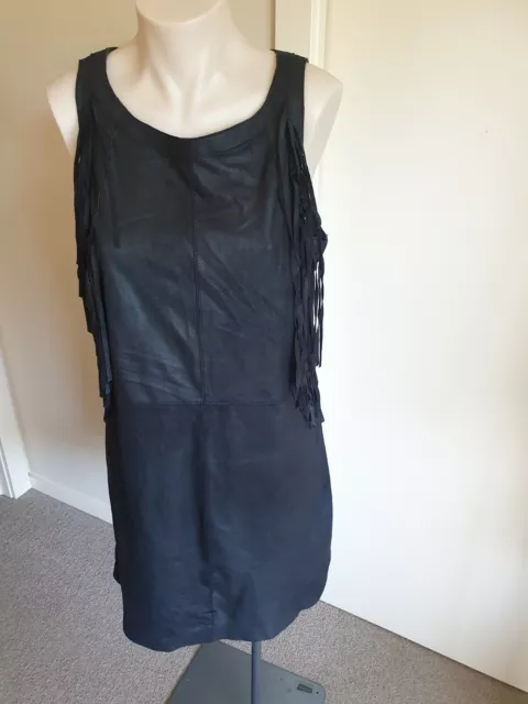 SPORTSGIRL genuine real Leather dress 10 sleeveless zip up tassle party black