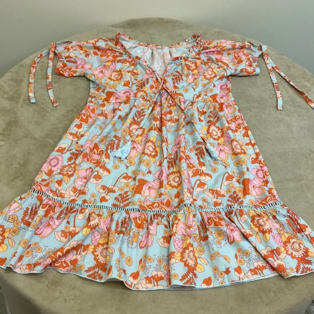 Womens Multicolor Floral Short Sleeve Tie Neck Ruffle Shift Dress Size S