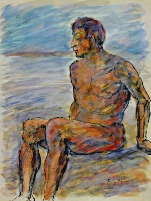 Acuarela Sentada Hombre Desnudo Fritz WIMMER 1879-1960 Desnudo