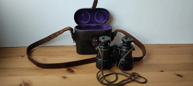 Antiguos gafas/binoculares de ópera metálica ""El Capitán"" con estuche de cuero - decoración/P