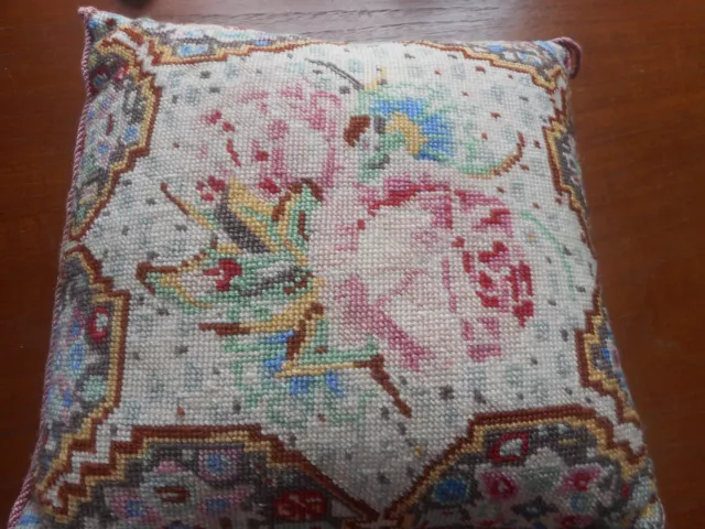 Needlepoint Cushion Feather Pad Pink Velvet Back 12'' Square Vintage