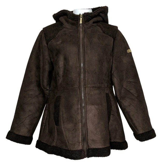 Koolaburra by UGG Women's Sz M Faux Suede Hooded Coat w/ Sherpa Brown A545146