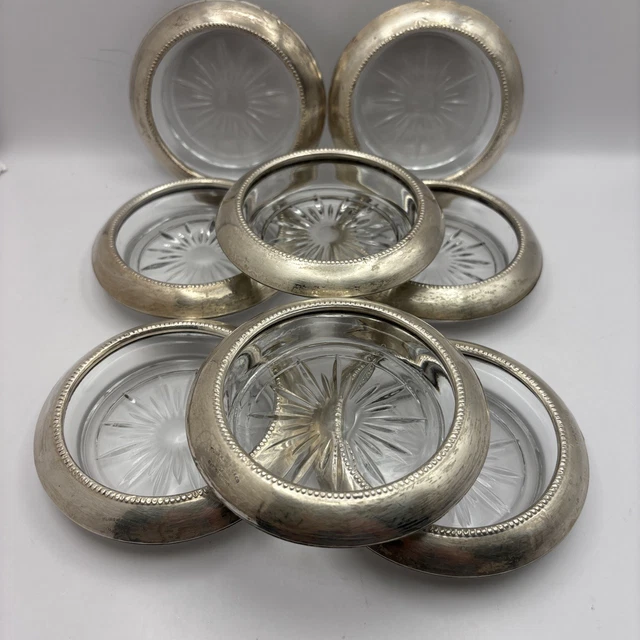 FRANK M WHITING & Co Sterling and Glass Coaster Set of 8