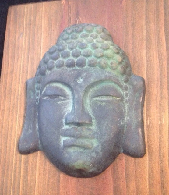Beautiful Bronze Buddha Head Sakyamuni Mounted On Teak Wood Wall Art Estate