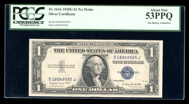 DBR $1 1935-G Silver Fr. 1616 No Motto DJ Block PCGS 53 PPQ Serial D18049585J