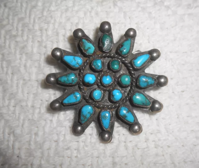 Vintage Old Pawn Zuni Southwest Native American Turquoise & Silver Broach Pin