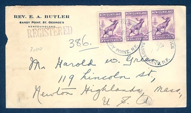 Newfoundland 1936 St. J & P.a.b. R.p.o./Sep 2/1936 Reg To Usa