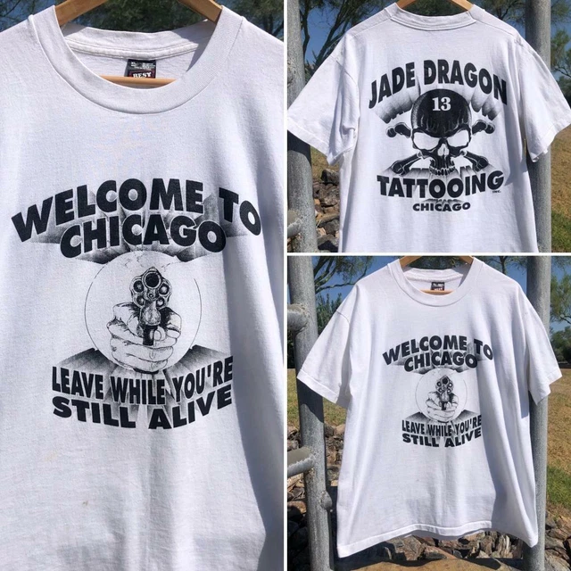 RARE VTG 90S Jade Dragon Tattoo Piercing Chicago Gun Graphic Promo T