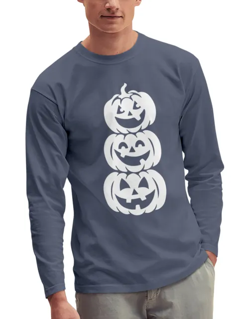 Mens Garment Dyed 3-Stack Jack-O-Lanterns Halloween Graphic Long Sleeve T Shirt