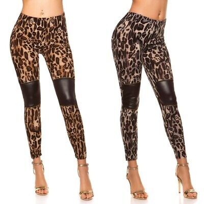 Pantalone da donna leggings pantacolant aderente leopardato in pelle vita bassa
