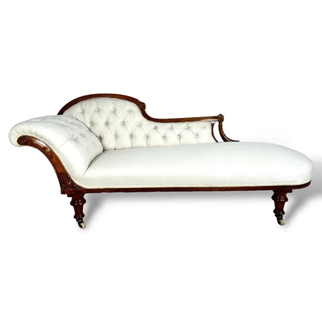 Antique Victorian Walnut White Upholstered Chaise Longue - Restored
