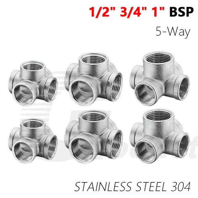 1/2 3/4 1" BSP Thread Stainless Steel 5 Way Cross Elbow Connector Pipe Fittings