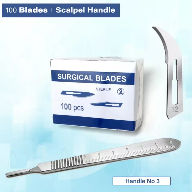 100 pcs Carbon Steel Sterile Surgical Scalpel Blades #12 + Graduated Handle No 3