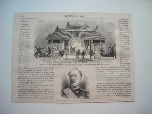 Gravure 1865. Lieut. General De Hues-Viller, Senateur. Tombeau De Mgr Pigneau De