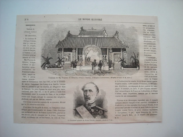 Gravure 1865. Lieut. General De Hues-Viller, Senateur. Tombeau De Mgr Pigneau De