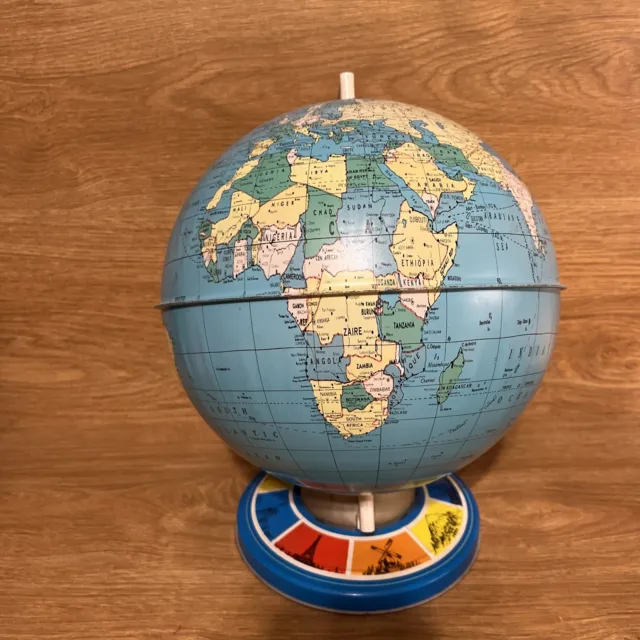 Vintage Tin Toy Globe Mod Century Ohio Art 12”Litho Print 8 World Wonders Globe