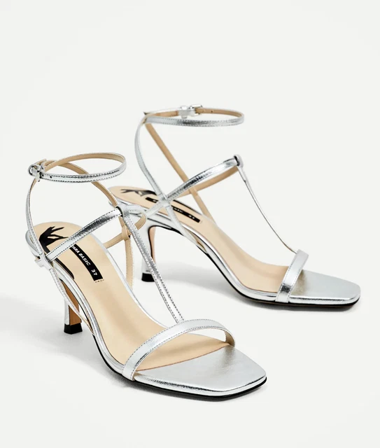 ZARA TR S l gantes Sandales A Talons En Cuir Argent 40 Pied