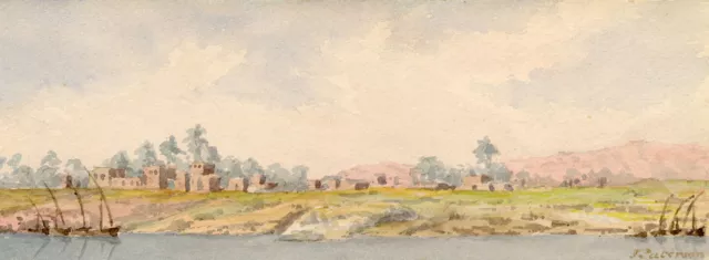 F. Paterson, Arab Village, Bank of the Nile, Egypt – c.1905 watercolour painting