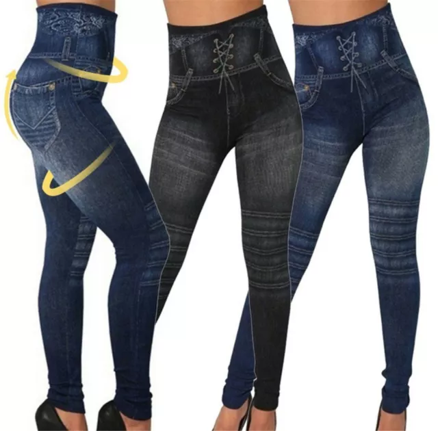 Women Faux Denim Jeans look High Waist Stretch Pencil Leggings Jeggings Pants