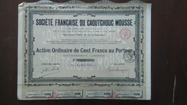 Action / Societe Francaise De Caoutchouc Mousse Action De 100 Francs 1923