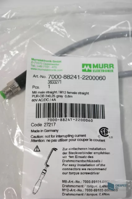 Murr 7000-88241-2200060 Connecting Cable 3x0, 25, 2ft Cable New