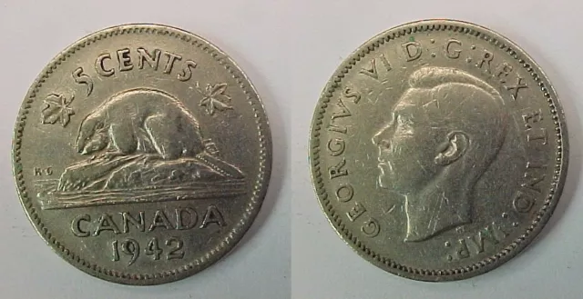 1942 Canadian Nickel Canada Five Cents Very Fine - Extremely Fine   VF - XF