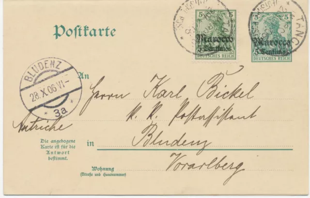 1906, Germania 5 Pf mit Aufdruck „Marocco / 5 Centimos“ auf dto. Kab.-GA-Antwort