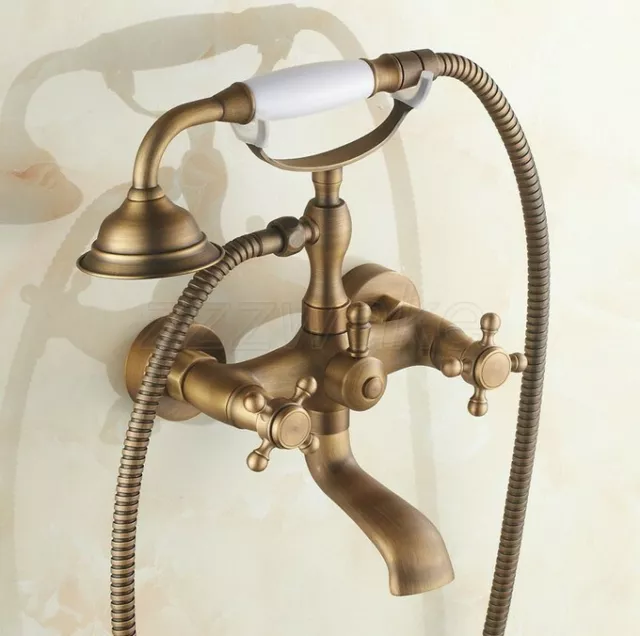 Wall Mount Antique Brass Clawfoot Bathtub Tub Faucet w/Hand Shower Spray Tap