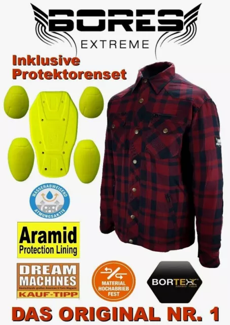 Inkl. Protektoren Bores Lumberjack Aramid Motorrad Hemd/Jacke dunkelrot/schwarz