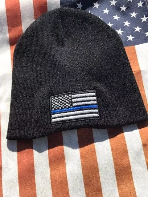 Thin Blue Line American Flag Police Black Knit Skull Winter Watch Hat Cap Beanie