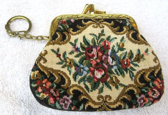Vintage Coin Purse with Key Chain 2 Compartment Double Kiss 4" x 3 3/4"