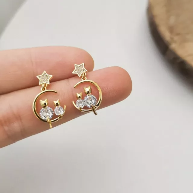 Hot Silver Star Moon Cat Zircon Crystal Stud Earrings Women Dangle Party Jewelry