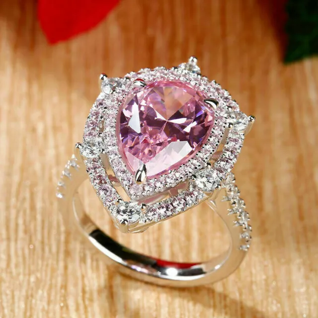 2.50CT PEAR CUT Pink Sapphire Double Halo Simulated Ring 14K White Gold ...