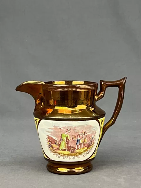 Antique English Copper Lustre Transfer Decorated 6" Jug Pitcher c. 1820