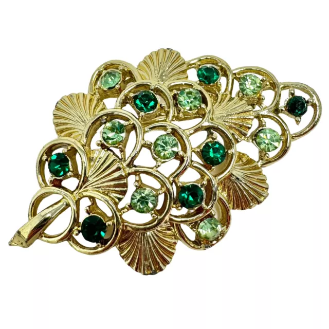 Vintage CORO Gold Tone Green Rhinestone Art Deco Fan Design Brooch