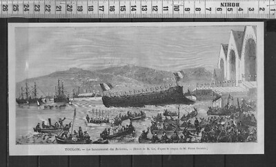 LANCEMENT DU VAISSEAU LE FLEURUS 15 AOUT DANS LE PORT DE TOULON GRAVURE 1853 