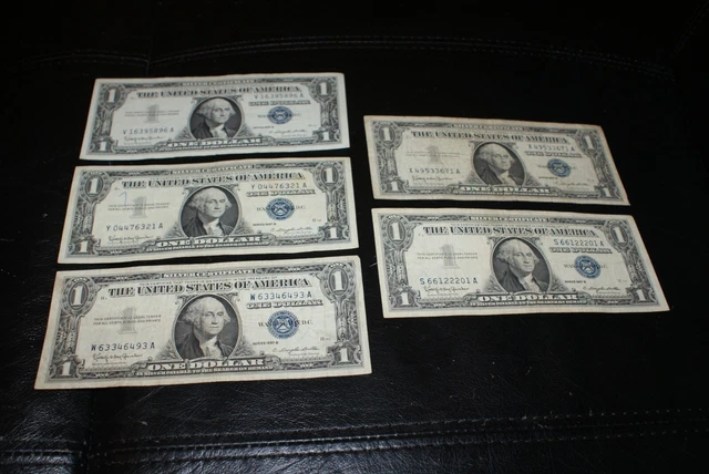 Five  1957B Circulated $1 Dollar Silver Certificate Blue Seal Notes