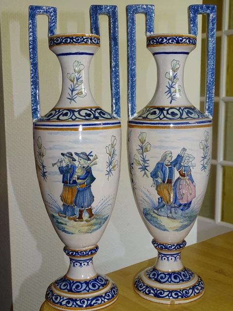 VINTAGE TWO LARGES VASES FRENCH HR QUIMPER circa 1900s' COUPLE BRETON  15,35"