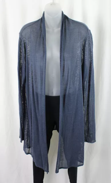 Margaret O'Leary Women's Blue Silk Linen Blend Sheer Cardigan Sweater Size L
