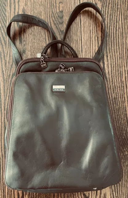 Perlina brown leather backpack tote bag with padlock pulls cool Vintage