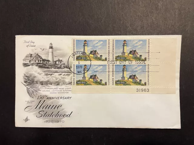 Maine Statehood, FDC 1970, Block of 4 - Sc #1391, 6c, Unused, Crisp!