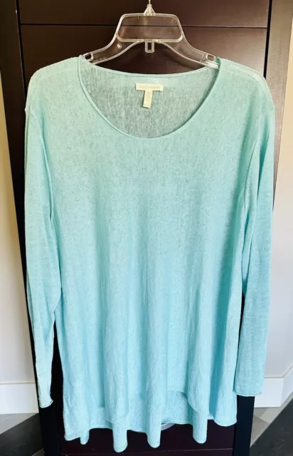 Eileen Fisher Womens XL Mint Green Scoop Neck Hi-Low Hem Linen Tunic Shirt MINT