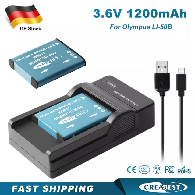 2x 1.2Ah Li-50B Akku Für Olympus TOUGH TG-5 TG-610 SP-800UZ STYLUS-90 +Ladegerät