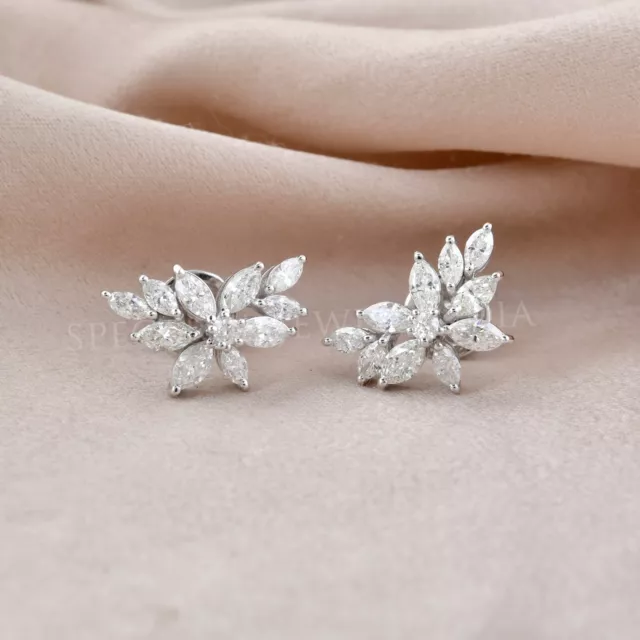 Véritable Si / H Marquise Diamant Clou 18k Blanc or Massif Serti Boucles 1.70 CT
