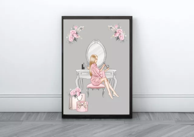 Glam Wall Art Fashion Print Grey Pink Makeup Picture Girls Bedroom Poster A4